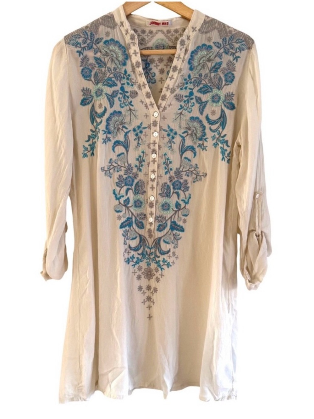 Johnny Was Cream Tunic with Blue Floral Embroidery